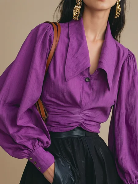 

Cotton Urban Plain Shawl Collar Shirt, Purple, Blouses and Shirts