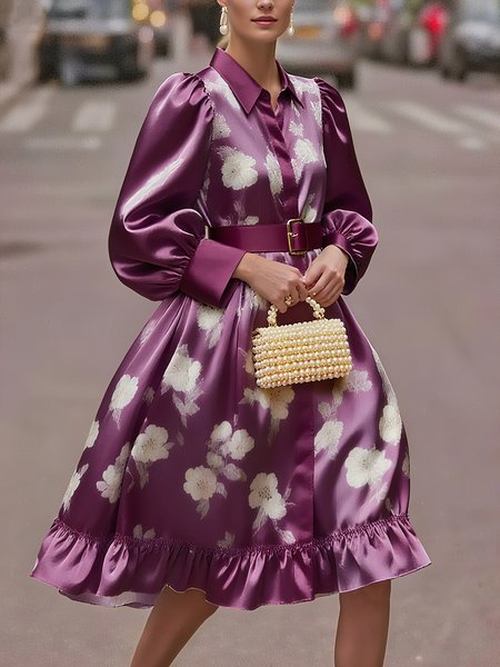 

Elegant Floral Shirt Collar Midi Dress With Belt, Purple, Midi Dresses