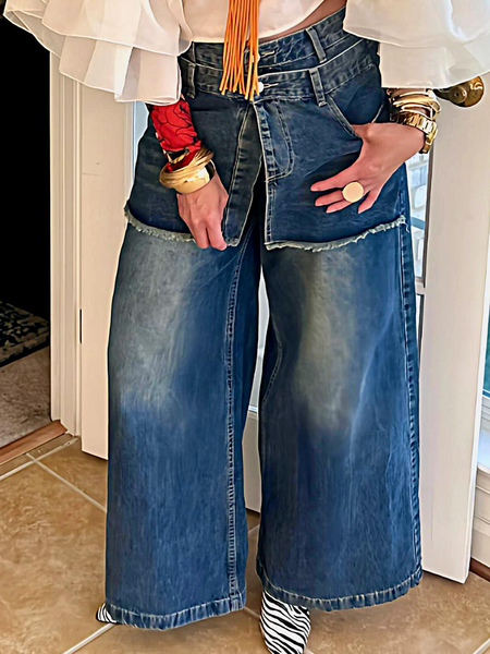 

Loose Denim Plain Casual Jeans, Denim blue, Jeans