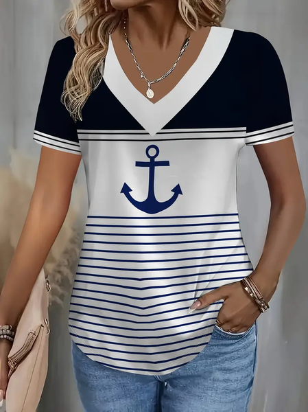 

Women Anchor Short Sleeve Tee T-shirt V Neck Printing Casual Summer Graphic Tee Top, White, T-Shirts