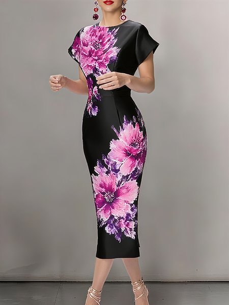 

Elegant Floral Printing Midi Dress, Black, Midi Dresses