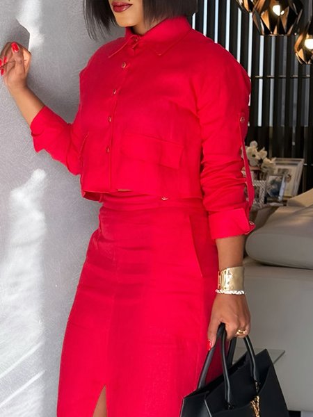 

Cotton Urban Plain Shirt Collar Shirt, Red, Blouses and Shirts