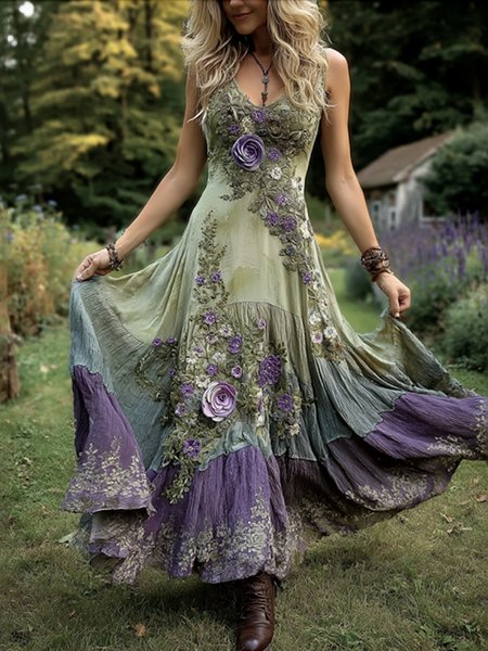 

Women Floral Summer Dress Crew Neck Sleeveless A-Line Dress, Green, Dresses