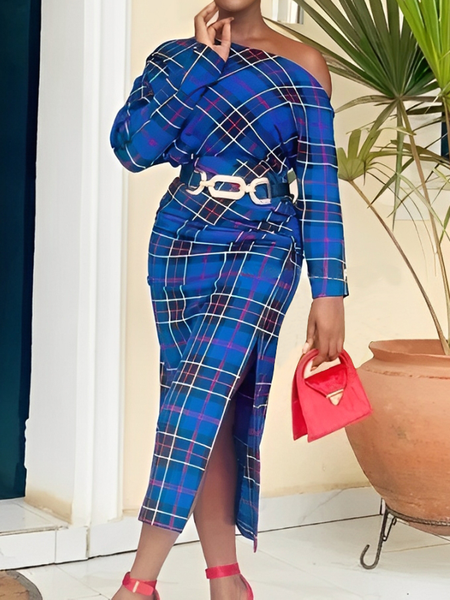 

Elegant Plaid Side-Slit Asymmetrical Midi Dress No Belt, Blue, Midi Dresses