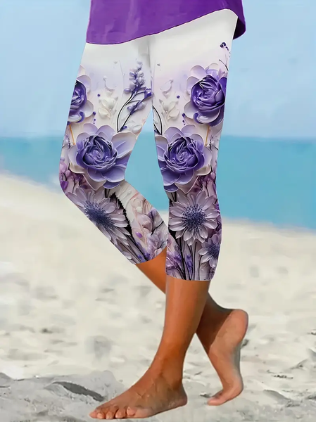 

Women Floral Capris Elastic Waist Pants Casual Summer Trousers, Purple, Leggings