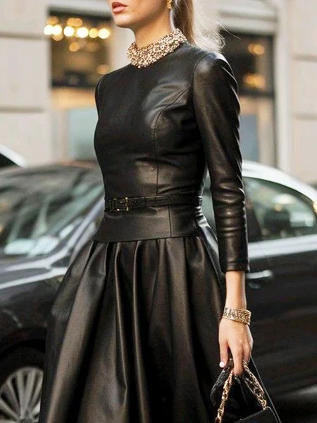 

Urban Plain Crew Neck Faux Leather Top With Belt, Black, Blouses and Shirts