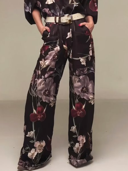 

Urban Floral Printing Wide Leg Pants Pant No Belt, As picture, Pants
