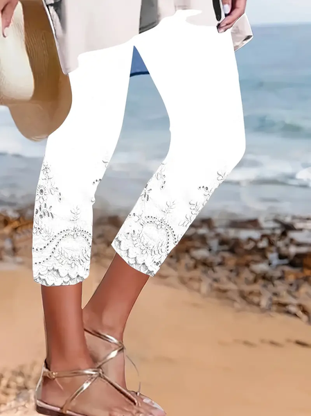 

Women Floral Capris Elastic Waist Pants Casual Summer Trousers, White, Leggings