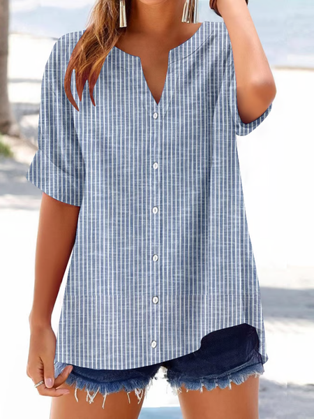 

Women Striped Short Sleeve Shirt Summer Printing V Neck Daily Casual Top, Blue, Shirts