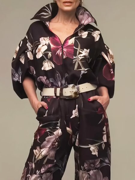 

Urban Puff Sleeve Printing Floral Stand Collar Jacket No Belt, As picture, Jackets