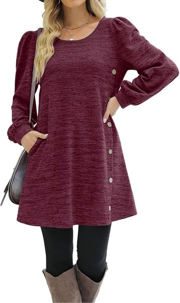 

Casual Plain Crew Neck Long Sleeve T-shirt, Wine red, T-shirts