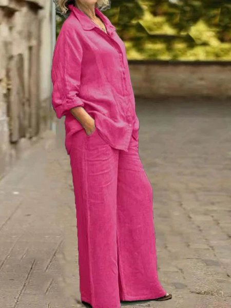

Women Plain Adjustable Strap Two-Piece Set Daily Long Sleeve Casual Spring/Fall Top With Pants Matching Set, Deep pink, Suit Set