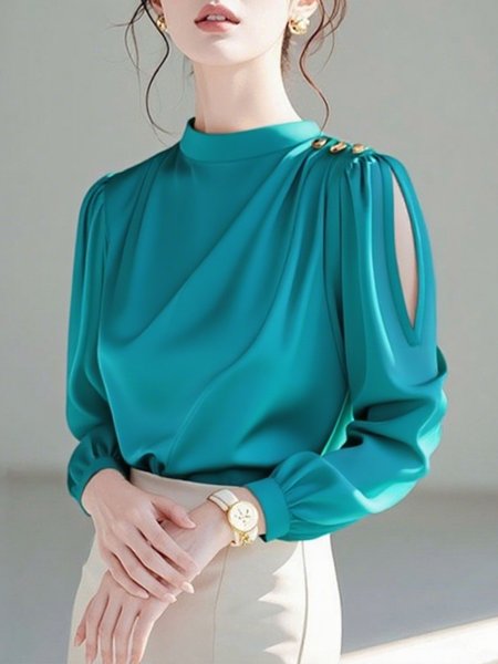

Satin Urban Plain Hollow Out Stand Collar Blouse, As picture, Blouses and Shirts