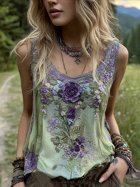 

Casual Crew Neck Floral Tank Top, Green, Tanks & Camis