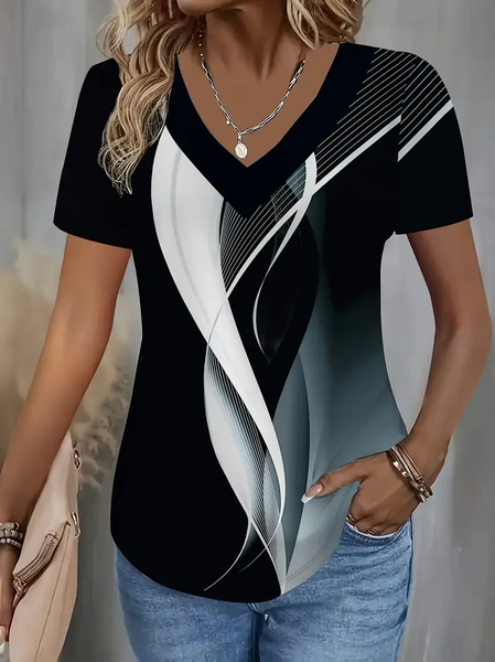 

Women Abstract Short Sleeve Tee T-shirt V Neck Printing Casual Summer Graphic Tee Top, Black, T-Shirts