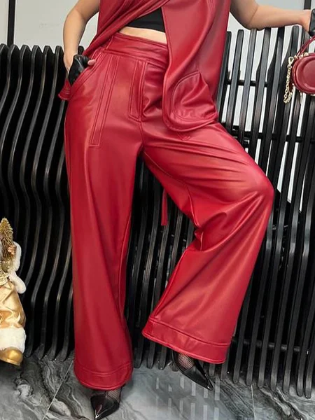

Urban Plain Wide Leg Faux Leather Pants, Red, Leather Pants