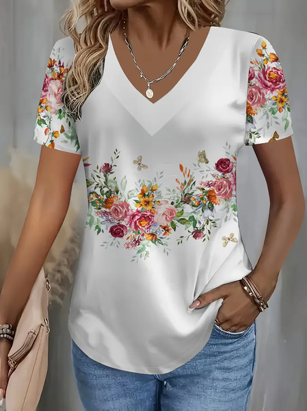 

Women Floral Short Sleeve Tee T-shirt V Neck Printing Casual Summer Graphic Tee Top, White, T-Shirts