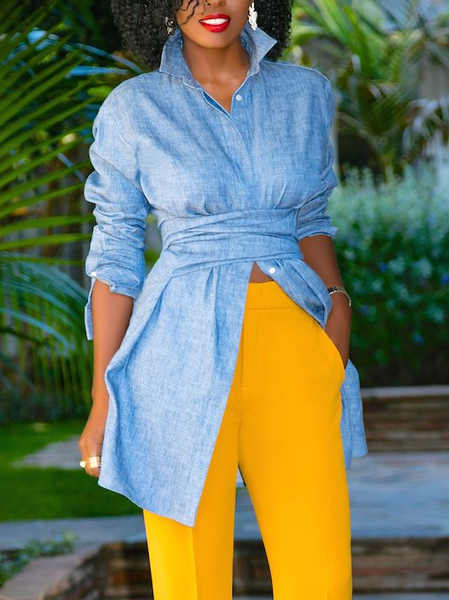 

Urban Plain Distressing Denim Shirt, Blue, Tops