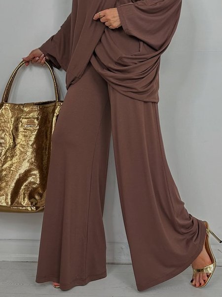 

Casual Plain Fashion Wide Leg Pants, Brown, Pants