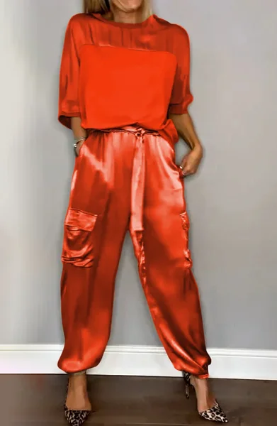 

Women Plain Pocket Stitching Two-Piece Set Daily Half Sleeve Casual Summer Top With Pants Matching Set, Red, Sets