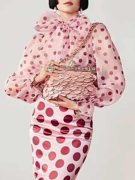 

Elegant Polka Dots Printing Balloon Sleeve Blouse, Pink, Blouses and Shirts