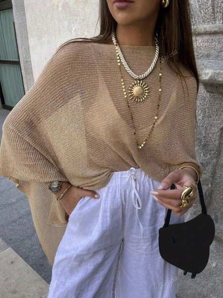 

Casual Plain Irregular Craftsmanship Off The Shoulder Raglan Sleeve Sweater, Khaki, Pullovers