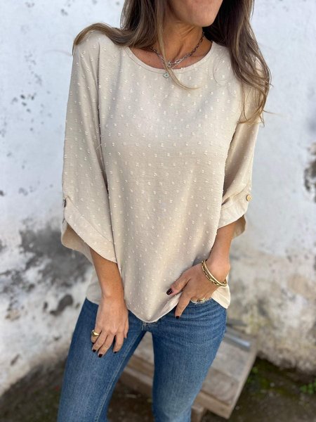 

Women Polka Dots Three Quarter Sleeve Tee T-shirt Crew Neck Jacquard Casual Spring/Fall Top, Khaki, T-Shirts