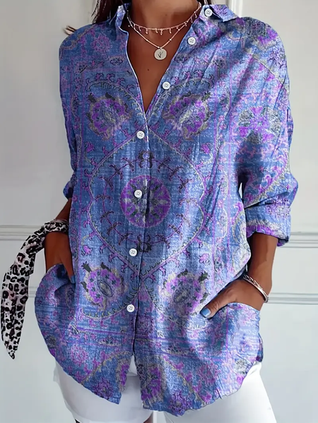 

Women Floral Long Sleeve Shirt Spring/Fall Buckle Shirt Collar Regular Sleeve Daily Casual Top, Blue purple, Shirts