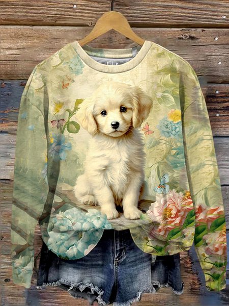 

Casual Dog Art Pattern Long Sleeve Comfy Sweatshirt, Apricot, Hoodies & Sweatshirts