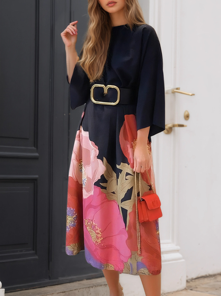 

Elegant Floral Printing Boat Neck Midi Dress No Belt, Black, Midi Dresses
