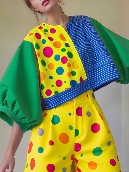 

Cotton Casual Color Block Split Joint Notched Balloon Sleeve Blouse, As picture, Blouses and Shirts