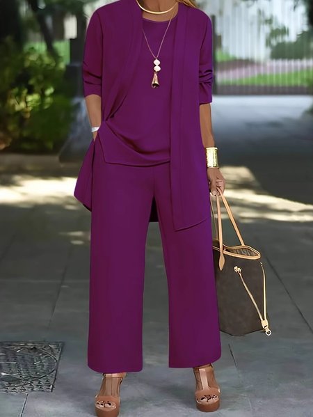

Women Plain Split Joint Matching Outfit Commuting Long Sleeve Casual Spring/Fall Multi-Piece Set Matching Set, Fuchsia, Suit Set
