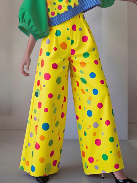 

Casual Polka Dots Printing Wide Leg Pants, Yellow, Pants