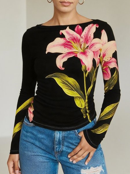 

Casual Floral Printing Crew Neck T-shirt, Black, Tees
