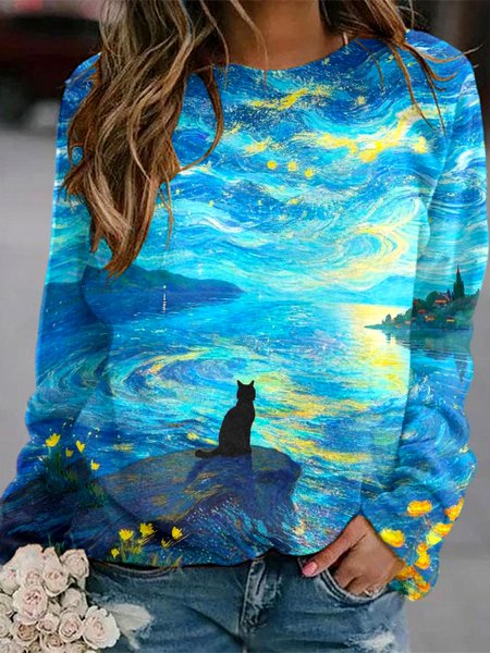 

Casual Cat Art Pattern Long Sleeve Comfy Sweatshirt, Blue, Hoodies & Sweatshirts