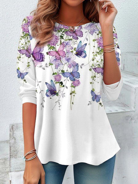 

Women Floral Long Sleeve Tee T-shirt Crew Neck Printing Casual Spring/Fall Tunic Top, White, T-Shirts