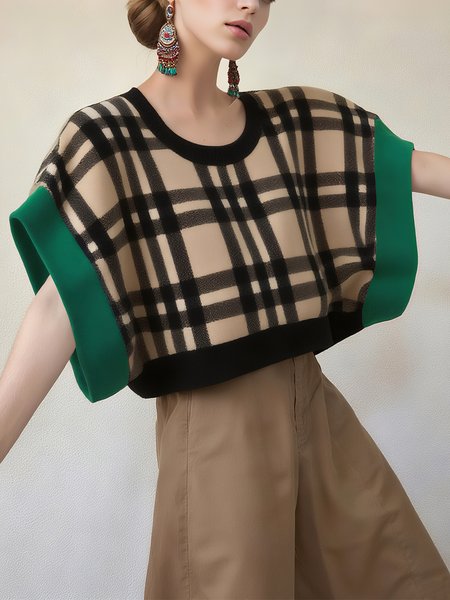 

Casual Plaid Crew Neck Raglan Sleeve Sweater, Khaki, Pullovers