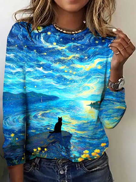 

Vintage Cat Art Pattern Crew Neck Long Sleeve T-shirt, Blue, T-shirts