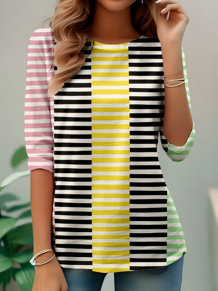 

Casual Striped Crew Neck Long Sleeve T-shirt, Yellow, T-shirts