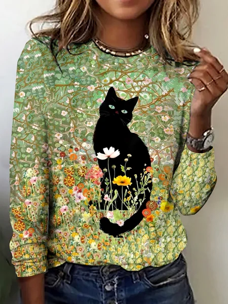 

Vintage Cat Art Pattern Crew Neck Long Sleeve T-shirt, Green, T-shirts