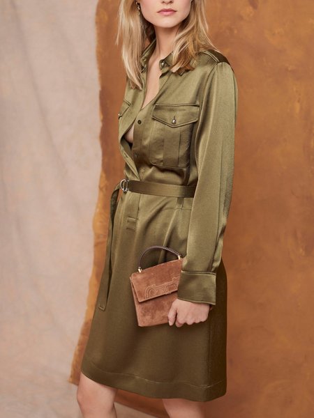 

Casual Plain Shirt Collar Knee Length Dress, Yellow, Mini Dresses