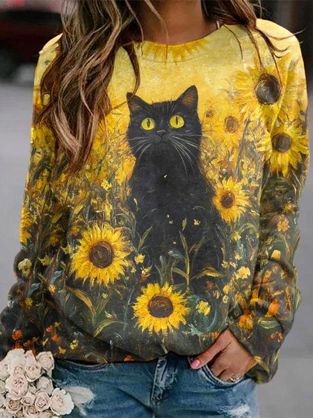 

Casual Cat And Sunflower Art Pattern Long Sleeve Comfy Sweatshirt, Yellow, Hoodies & Sweatshirts