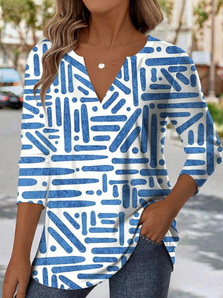 

V Neck Long Sleeve Striped Regular Medium Elasticity Loose Blouse For Women, Blue, T-shirts