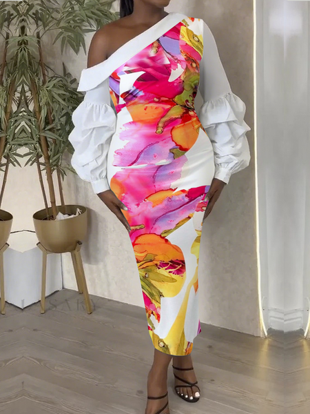 

Elegant Abstract Printing Asymmetrical Maxi Dress, As picture, Maxi Dresses