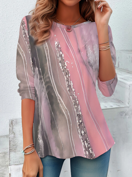 

Women Abstract Long Sleeve Tee T-shirt Crew Neck Printing Casual Spring/Fall Tunic Top, Pink, T-Shirts