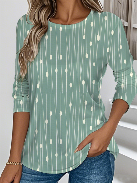 

Casual Striped Crew Neck Long Sleeve T-shirt, Green, T-shirts