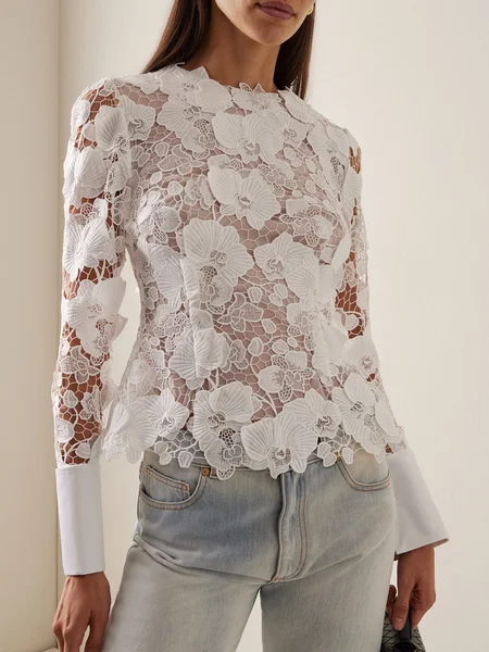

Elegant Plain Lace Crew Neck Blouse, White, Blouses and Shirts