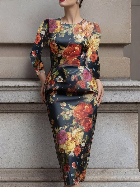 

Elegant Floral Printing Crew Neck Knee Length Dress, As picture, Midi Dresses