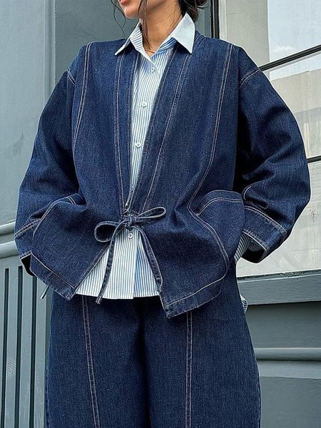 

Casual Lace-up Plain V Neck Denim Jacket, Denim blue, Jackets