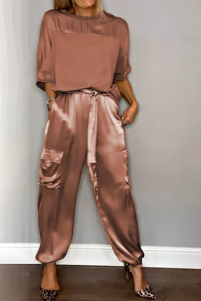 

Women Plain Pocket Stitching Two-Piece Set Daily Half Sleeve Casual Summer Top With Pants Matching Set, Deep brown, Suit Set